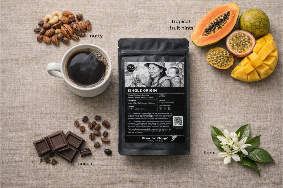 TRY Coffee 200g Single Origin whole roasted beans — nutty, cocoa, tropical fruit, floral