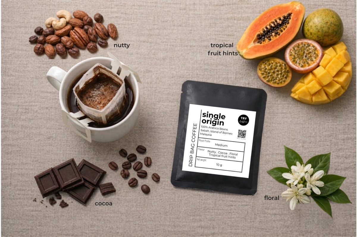 TRY Coffee drip bag coffee — nutty, cocoa, tropical fruit hints, floral notes